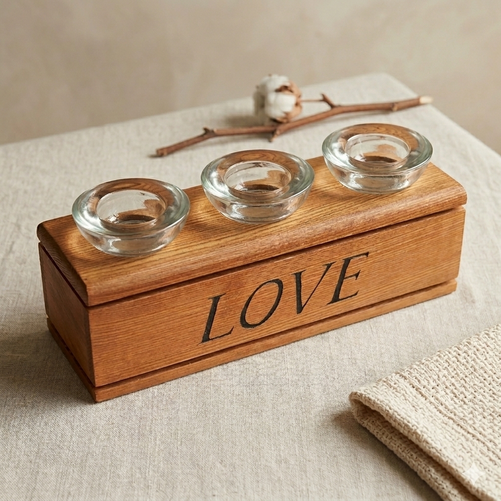 Handmade 10" Wood & Glass 3-Votive Candle Holder Rustic Farmhouse Centerpiece